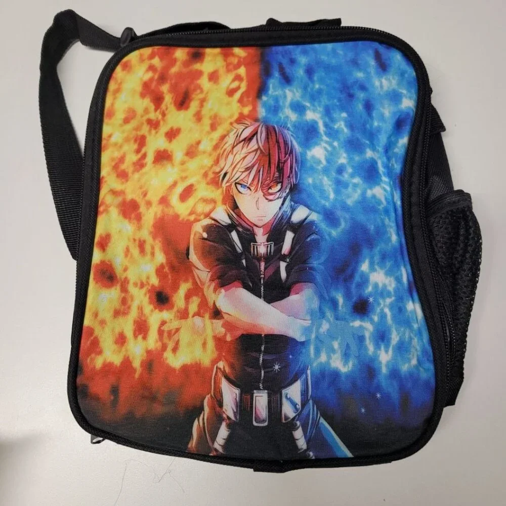 Anime Backpack Lunch Box Pencil Case Set Bag Strap 16 Inch Tall‎ Fire Ice Hero